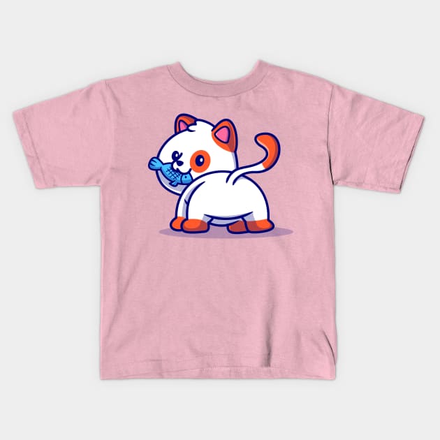 Cute Cat Eating Fish Cartoon Kids T-Shirt by Catalyst Labs